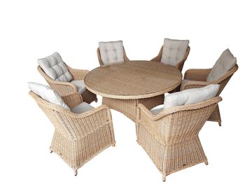 Havemøbelsæt model Sevilla. 6 stole + ø150cm bord i naturfarvet rundt polyrattan.